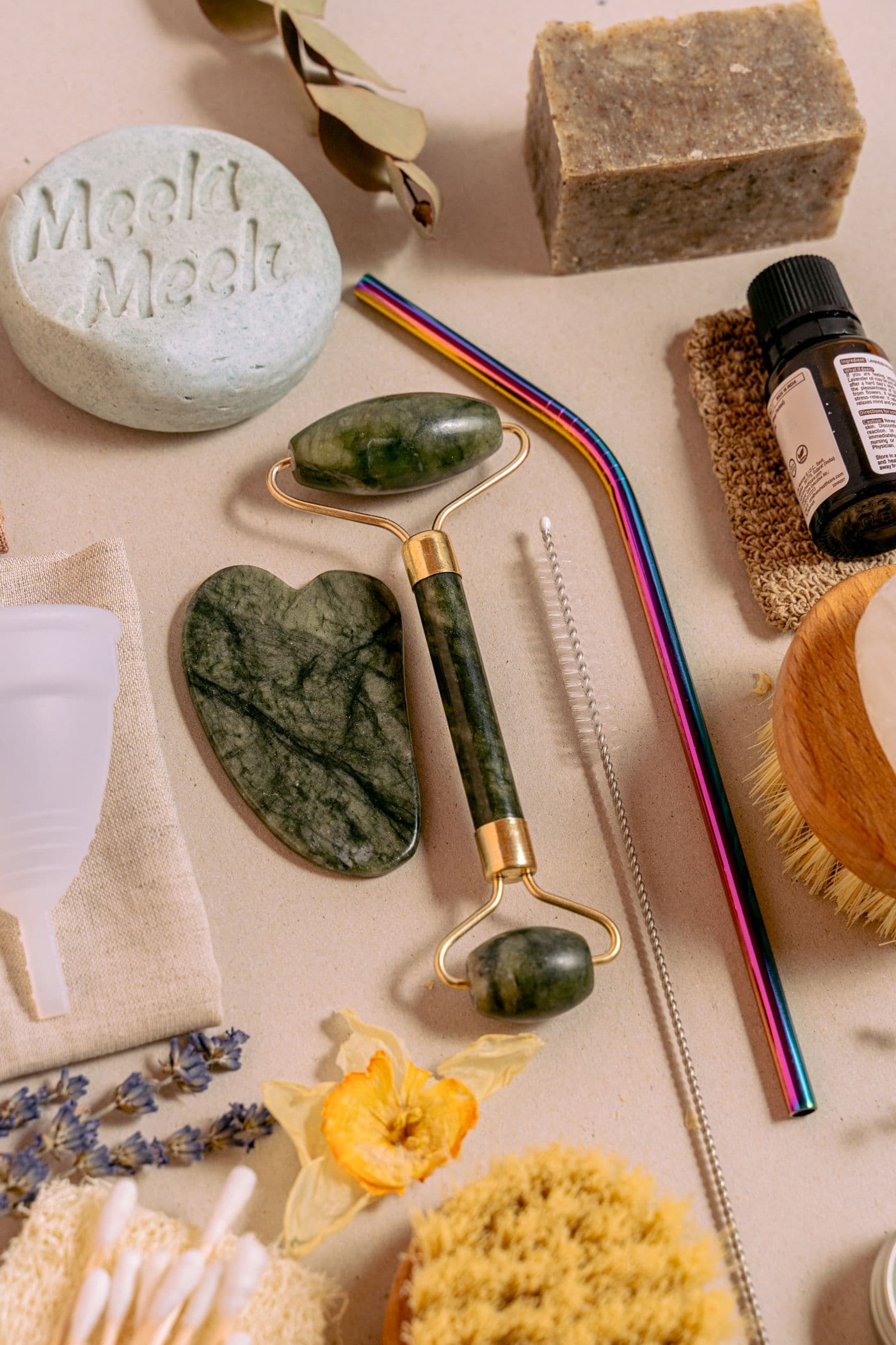 Neutral self-care tools arranged on a table